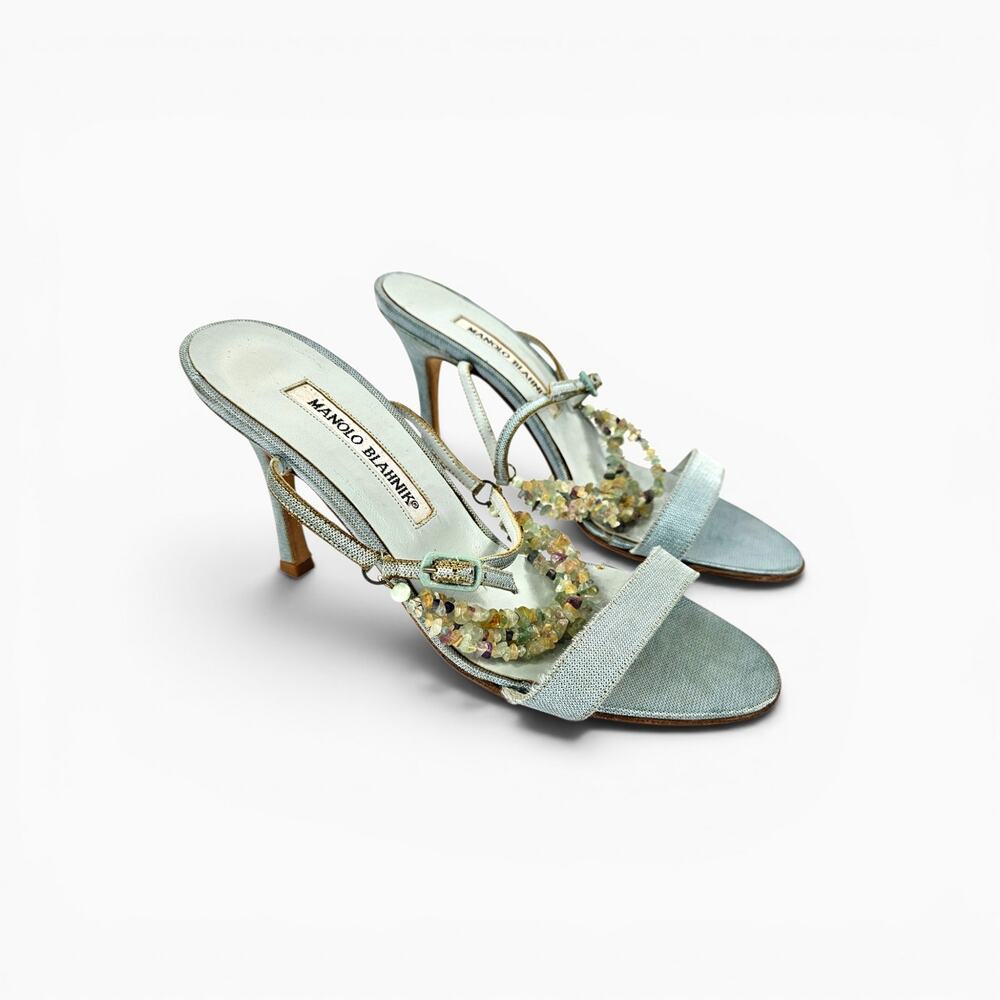Y2k Manolo Blahnik Heels Crystal Denim Strappy Vintage - Size 36 (5.5) - Picture 3 of 9